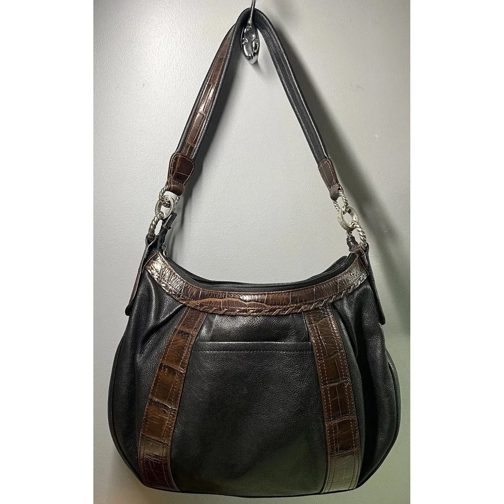 BRIGHTON Leather Women's Croc Purse Black&Brown Bag Tassel Hobo‎  9x13x2.5